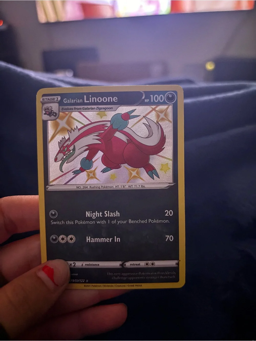 Pokemon Galarian Linoone Trading Card - Yellow Border, Pink/Red Artwork